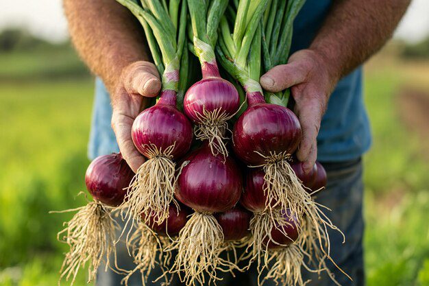 Farmers harvesting fresh onions from Indian fields for export