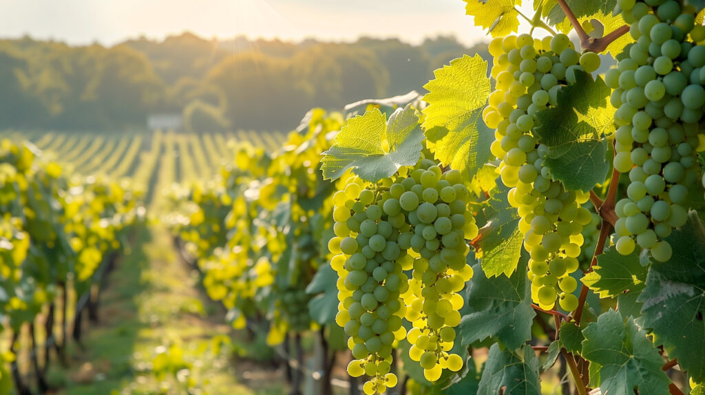 Indian grape vineyards – natural and sustainable farming Bunches of fresh green grapes growing in Indian vineyards